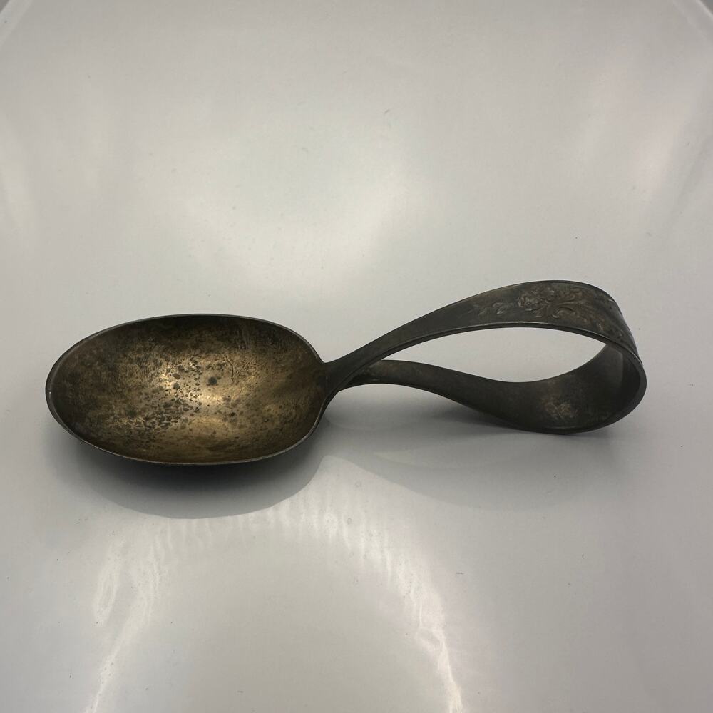 Vintage Sterling Silver Loop Handle Baby Spoon Floral Monogram